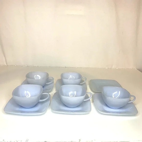 SET 5 FIRE KING AZURE BLUE CHARM AZURITE DELPHITE MILK GLASS SQUARE CUP SAUCERS - Picture 1 of 9